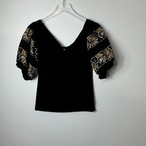 Free People Rock With It Black Puff Sleeve Embroidered Cold Shoulder Top s 1879